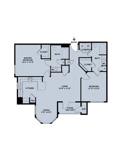 Floor plan for 2 beds, 2 baths, 1177 sqft